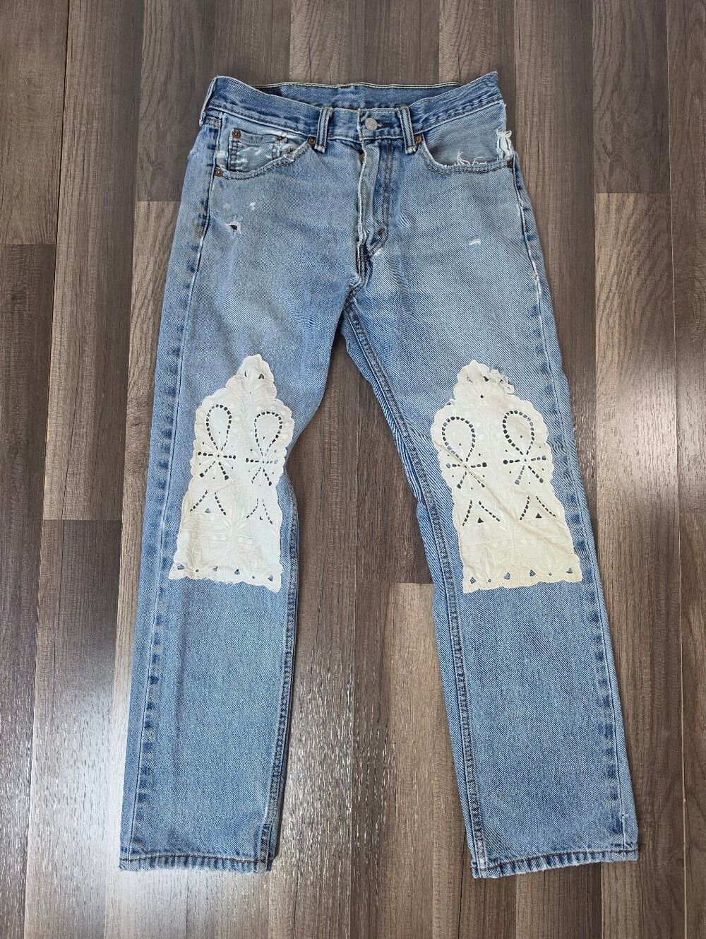 Levi's 505 Reworked Distressed Lace Patch Jeans Boho Cottage Core Fairy Grunge.